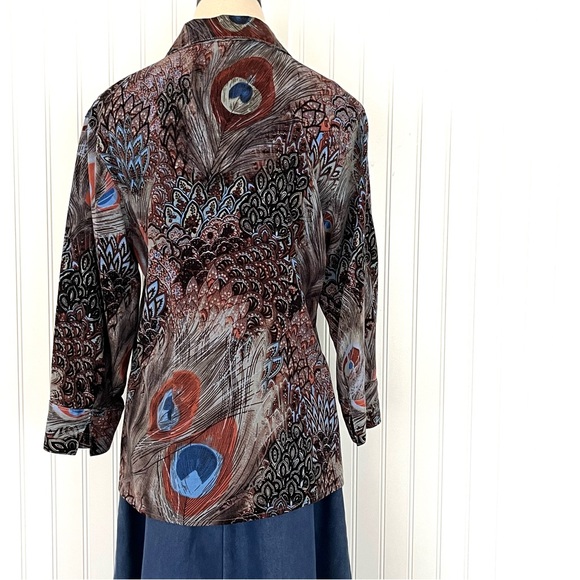 2000's Y2K Tianello Patterned Stretchy Top Peacock Feathers Stretchy Boho Brown - Picture 8 of 13